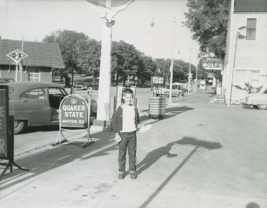 Cities and Towns, Iowa History, Leisure, gas station, Children, Waverly Public Library, Iowa, history of Iowa, Portraits - Individual, young boy, mainstreet, Main Streets & Town Squares