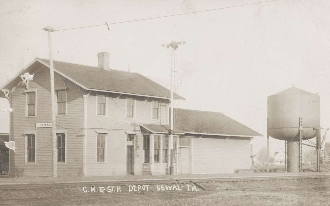 history of Iowa, Iowa History, Sewal, IA, store, depot, water tower, Iowa, Martin, Carol, Cities and Towns, Train Stations