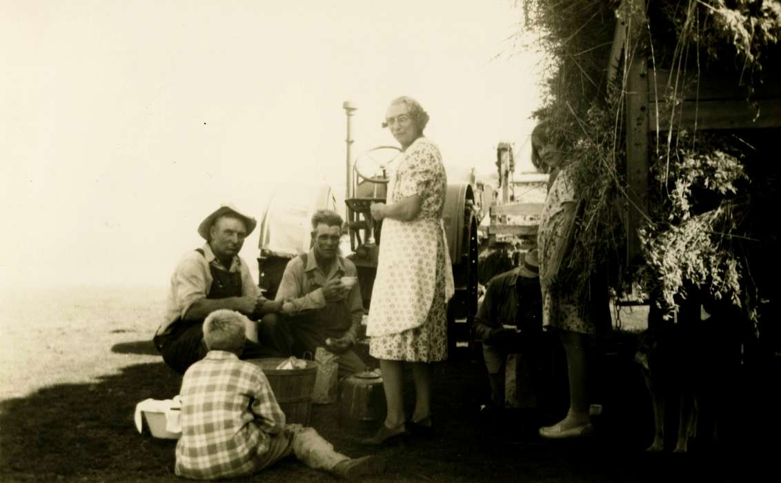 Portraits - Group, Farming Equipment, history of Iowa, Iowa History, Motorized Vehicles, Duncombe, IA, tractor, Iowa, Farms, apron, Food and Meals, Stewart, Phyllis, Labor and Occupations