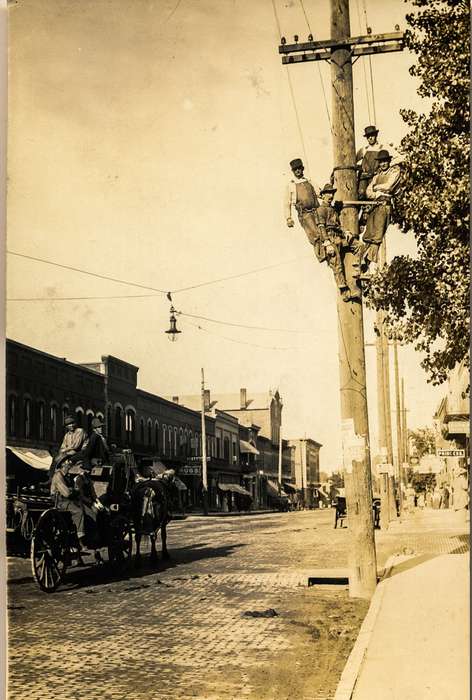 cobblestone, Anamosa, IA, history of Iowa, Anamosa Library & Learning Center, Main Streets & Town Squares, Iowa, Cities and Towns, Labor and Occupations, Iowa History, Portraits - Group, telephone pole