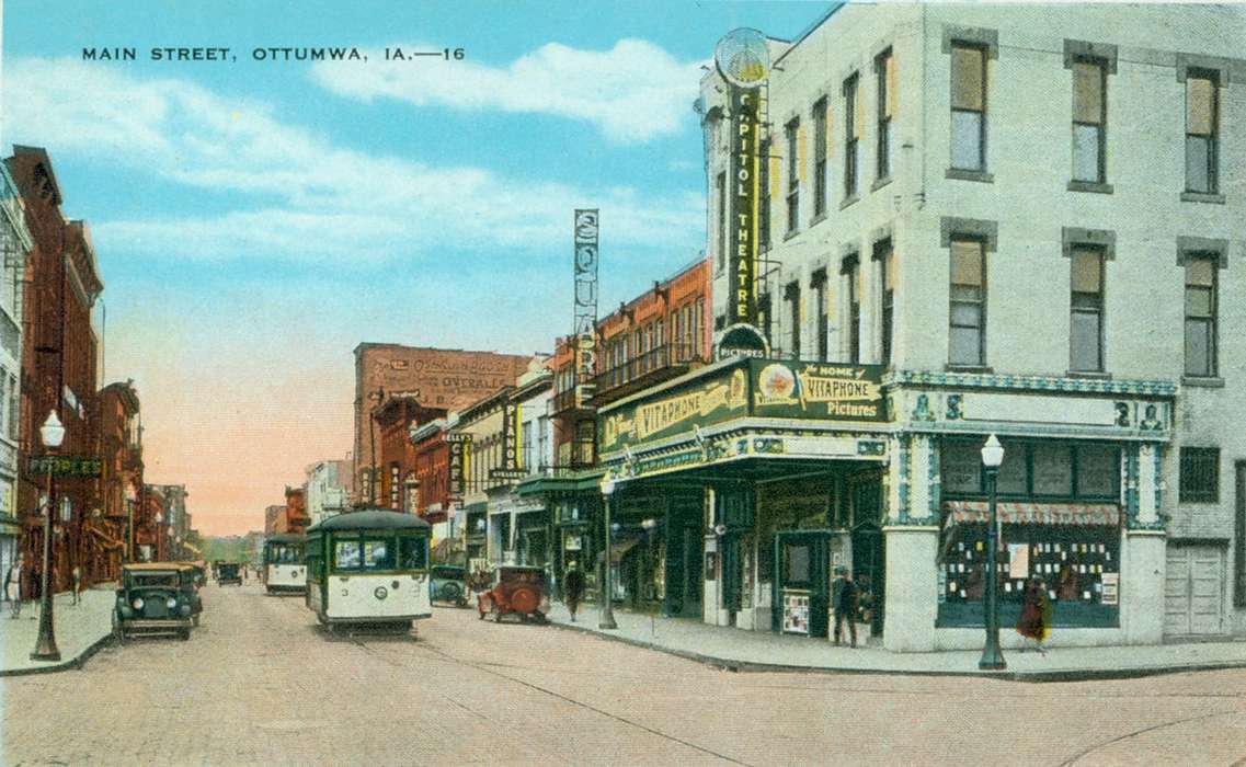 Ottumwa, IA, mainstreet, movie theater, street light, Lemberger, LeAnn, history of Iowa, Motorized Vehicles, theater, Main Streets & Town Squares, Iowa, Cities and Towns, car, Businesses and Factories, street car, Iowa History