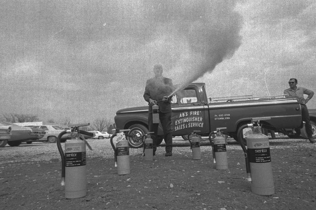 history of Iowa, Iowa History, Ottumwa, IA, truck, Motorized Vehicles, Businesses and Factories, parking lot, spray, fire extinguisher, Iowa, Lemberger, LeAnn