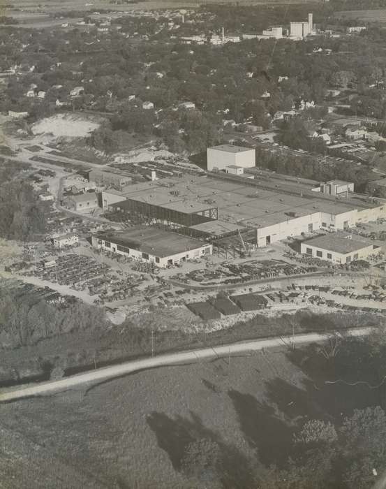 history of Iowa, car park, Businesses and Factories, Waverly, IA, Waverly Public Library, Iowa, plant, Aerial Shots, parking lot, building, Iowa History, correct date needed, tree