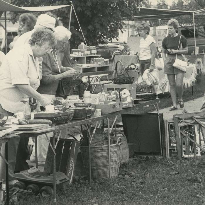 table, Waverly Public Library, baskets, women, Iowa History, history of Iowa, flea market, toy, tent, Waverly, IA, photo frame, Iowa, coca cola, purse, Leisure