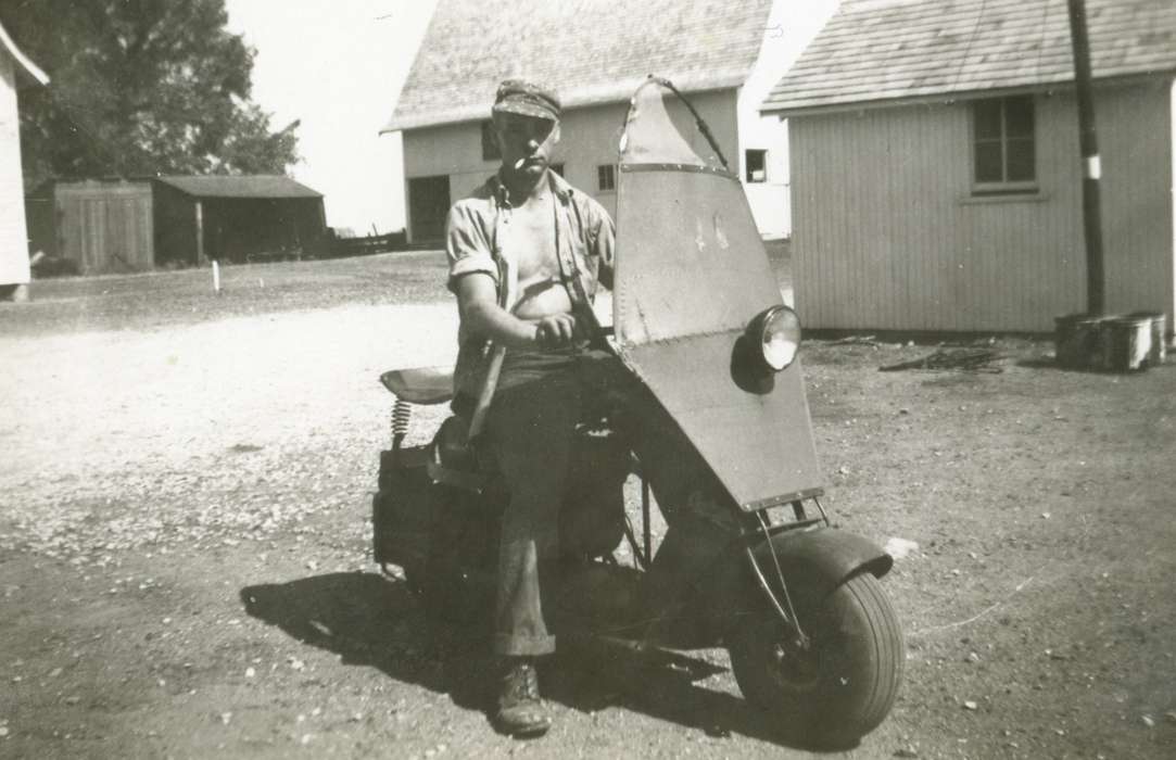 history of Iowa, Motorized Vehicles, Farms, scooter, Iowa, Cedar Falls, IA, Satre, Margaret, cigarette, Portraits - Individual, cap, Iowa History