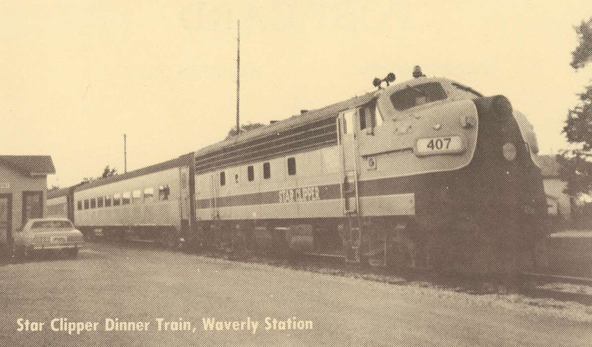 train, history of Iowa, post card, Waverly Public Library, Waverly, IA, Iowa, car, Motorized Vehicles, Iowa History, depot