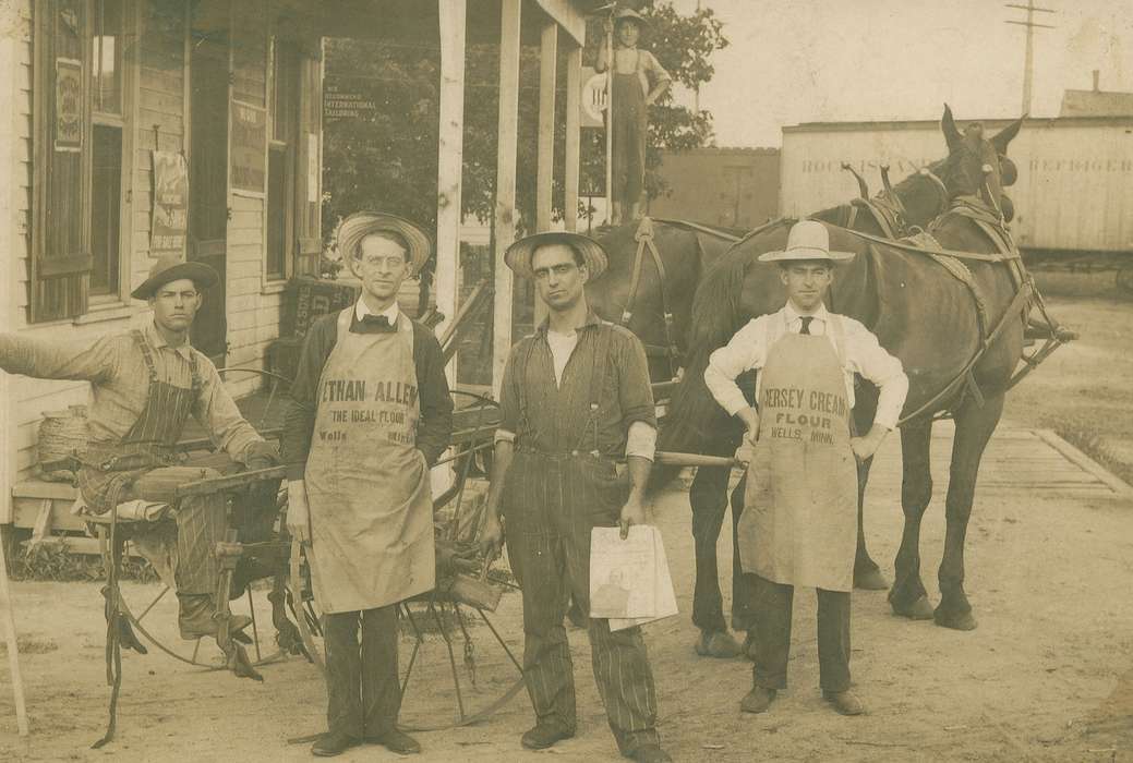 boy, cultivator, men, Animals, storefront, horse, Farming Equipment, history of Iowa, cabinet photo, Fruitland, IA, Main Streets & Town Squares, Iowa History, Labor and Occupations, Portraits - Group, Iowa, train car, straw hat, Olsson, Ann and Jons, Businesses and Factories, apron