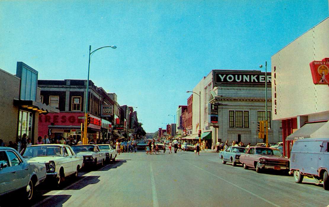 Businesses and Factories, mainstreet, street light, bank, Cities and Towns, car, storefront, Motorized Vehicles, Iowa, Iowa History, Lemberger, LeAnn, Ottumwa, IA, younkers, Main Streets & Town Squares, van, history of Iowa