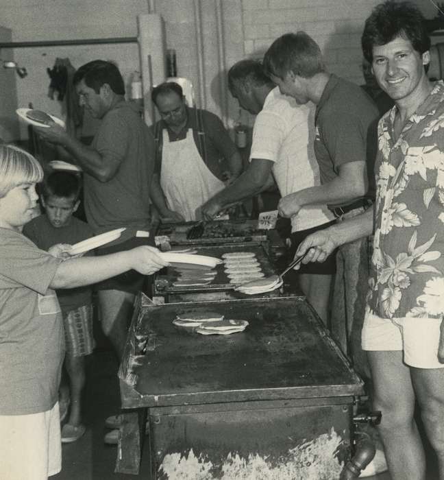 griddle, men, child, Iowa History, Waverly Public Library, Food and Meals, Iowa, pancakes, history of Iowa, hawaiian shirt, Civic Engagement, Waverly, IA