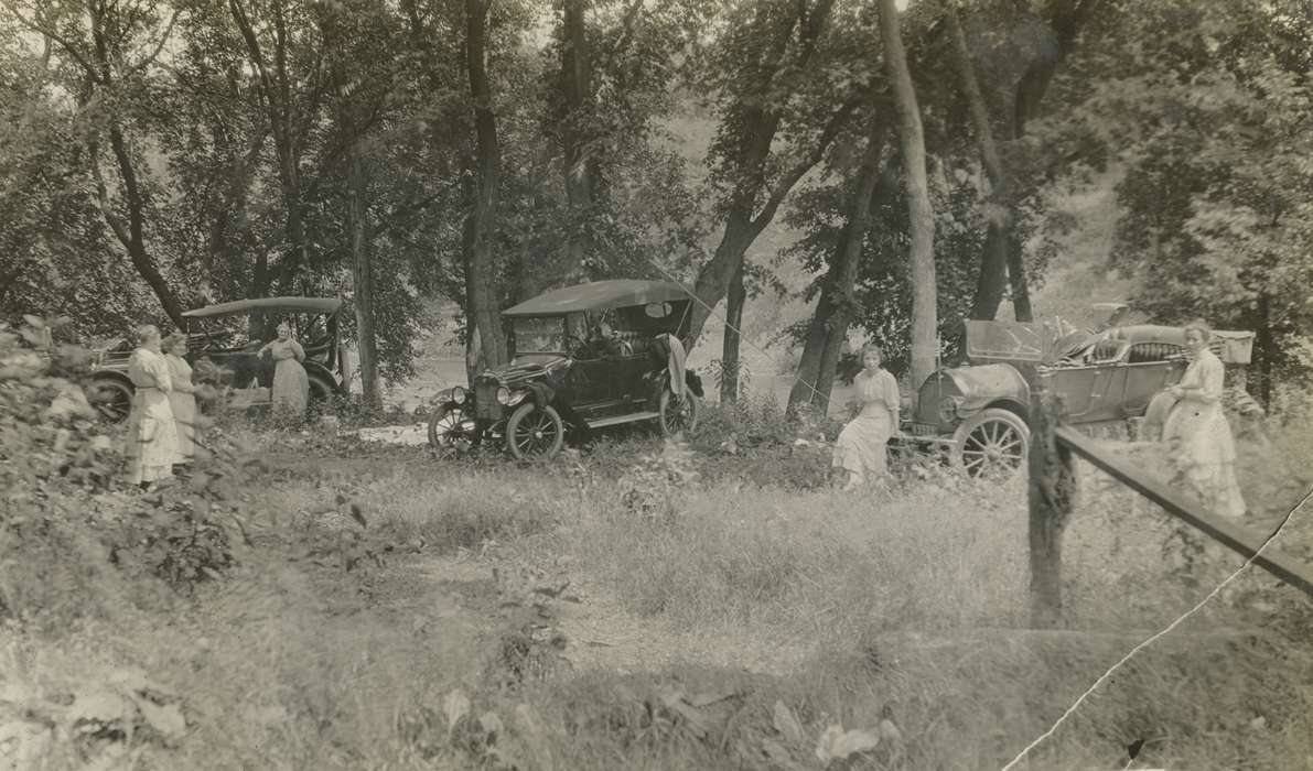 women, Eagle City, IA, history of Iowa, forest, jalopy, Mortenson, Jill, Iowa, trees, cars, Iowa History, Leisure