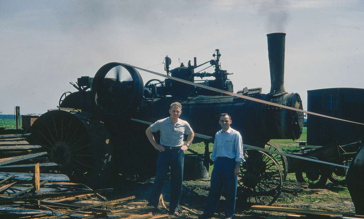 Portraits - Group, men, Farming Equipment, steam tractor, history of Iowa, Sack, Renata, Iowa History, steam engine, steam, tractor, Iowa, USA