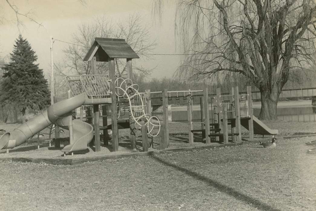 history of Iowa, willow tree, playground equipment, Waverly Public Library, Iowa, playground, Iowa History, correct date needed, Cities and Towns, Lakes, Rivers, and Streams, cedar river