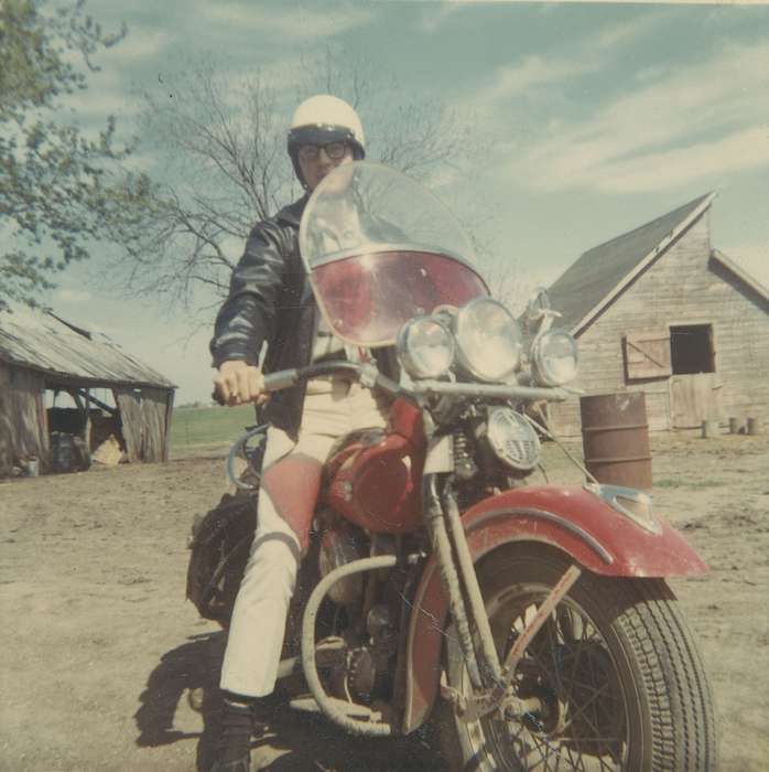history of Iowa, Iowa History, Motorized Vehicles, Barns, motorcycle, Hansell, IA, Malcolm, Cindy, Iowa, Portraits - Individual