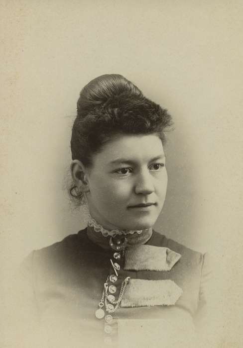 frizzy bangs, lace, chignon, history of Iowa, Iowa History, woman, watch chain, cabinet photo, Iowa, Olsson, Ann and Jons, State Center, IA, Portraits - Individual