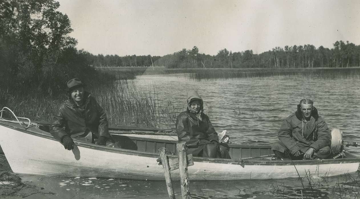 Portraits - Group, Iowa History, Lakes, Rivers, and Streams, Motorized Vehicles, Iowa, lake, McMurray, Doug, Travel, Outdoor Recreation, motorboat, coat, Longville, MN, history of Iowa