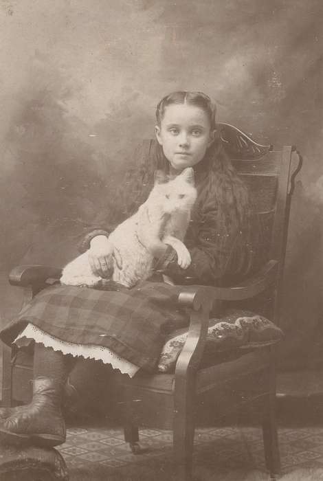 cat, studio, backdrop, history of Iowa, Iowa History, girl, Animals, Willow Springs, MO, chair, wooden chair, Spilman, Jessie Cudworth, Iowa, eyes, Children, Portraits - Individual