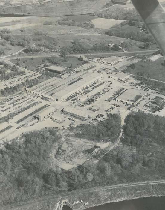 history of Iowa, car park, Businesses and Factories, Waverly, IA, Waverly Public Library, Iowa, Aerial Shots, parking lot, road, building, Iowa History, correct date needed, tree