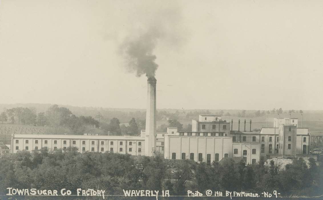 factory, smoke, sugar processing plant, sugar beet, tree, Waverly Public Library, sugar, sugar factory, Iowa, Landscapes, history of Iowa, Iowa History, Businesses and Factories, Waverly, IA