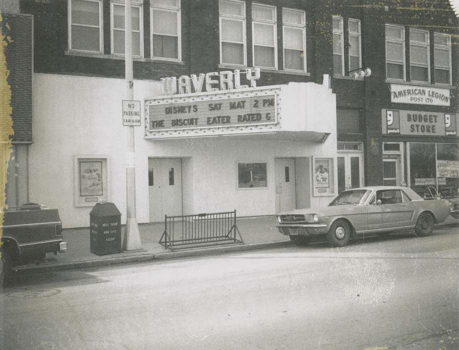 history of Iowa, goodwill store, american legion, Businesses and Factories, Waverly Public Library, Main Streets & Town Squares, Iowa, Motorized Vehicles, ford mustang, Iowa History, Cities and Towns, movie theater