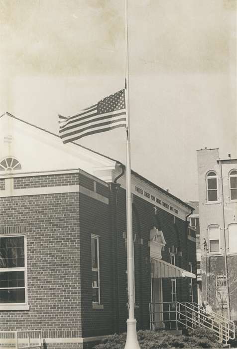 Businesses and Factories, post office, Cities and Towns, Iowa History, Iowa, Waverly Public Library, Labor and Occupations, american flag, Waverly, IA, Main Streets & Town Squares, history of Iowa