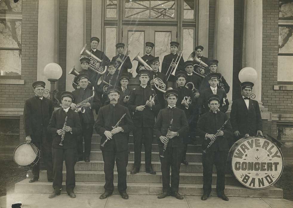 history of Iowa, Entertainment, Portraits - Group, clarinet, Waverly, IA, Waverly Public Library, band, Iowa, band uniform, trumpet, Iowa History, saxophone, tuba, trombone