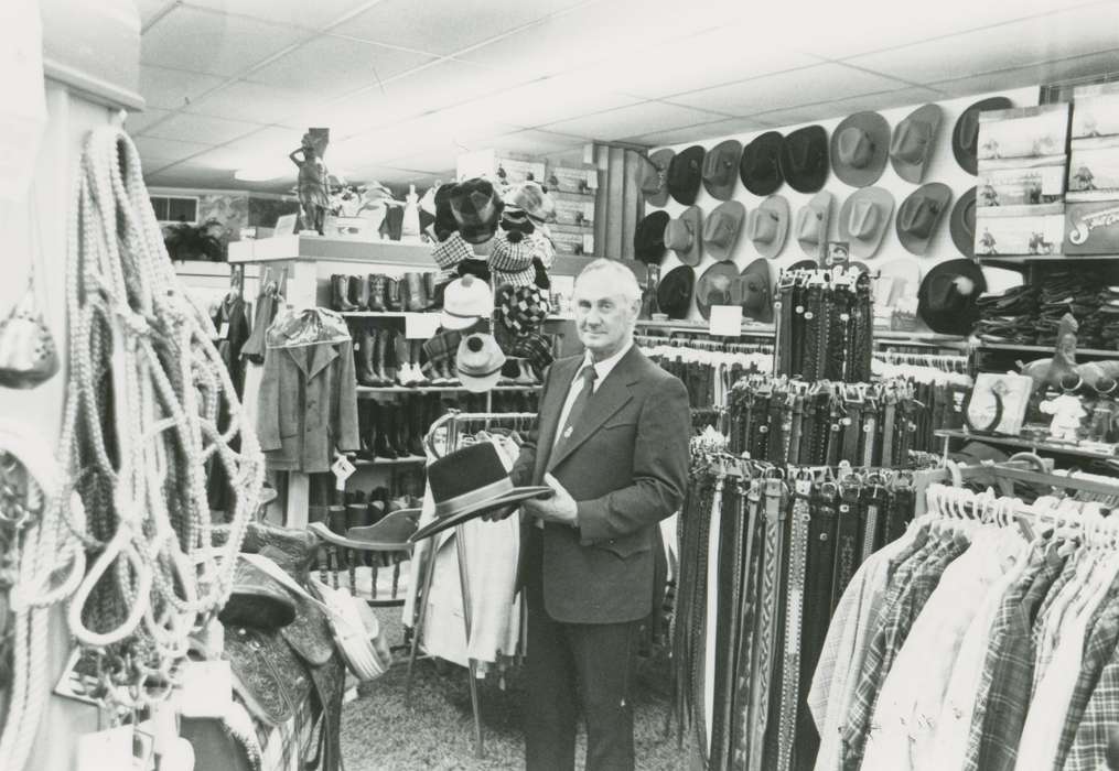 clothing, Main Streets & Town Squares, main street, history of Iowa, Iowa History, Businesses and Factories, store, clothing store, hats, man, Iowa, belt, Waverly Public Library, building interior