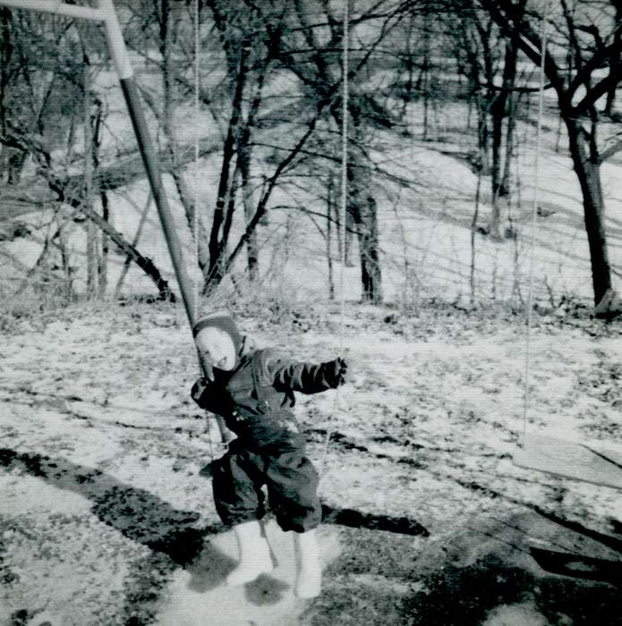 swingset, Portraits - Individual, Stewart, Phyllis, Iowa History, Iowa, Duncombe, IA, swing, Outdoor Recreation, Children, history of Iowa, Winter