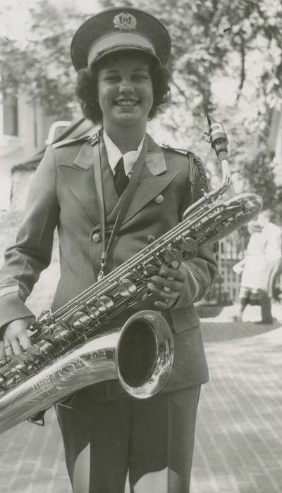 saxophone, history of Iowa, band, uniform, Portraits - Individual, Iowa History, Van Horne, IA, Appleget, Cathy, instrument, Iowa, Schools and Education, music