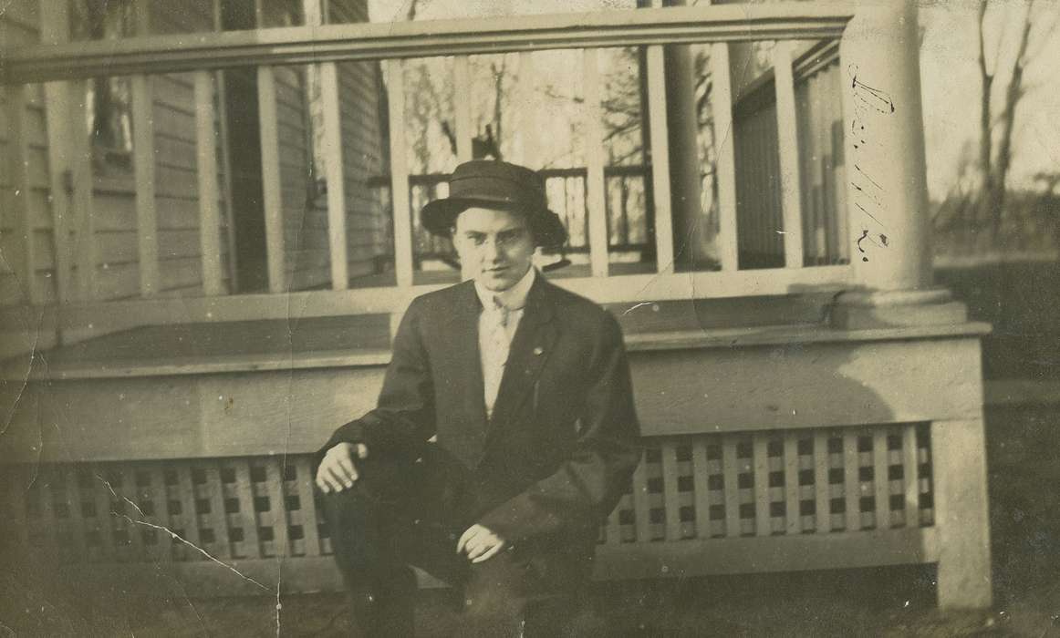 porch, IA, Iowa, hat, LeQuatte, Sue, Homes, Portraits - Individual, history of Iowa, Iowa History