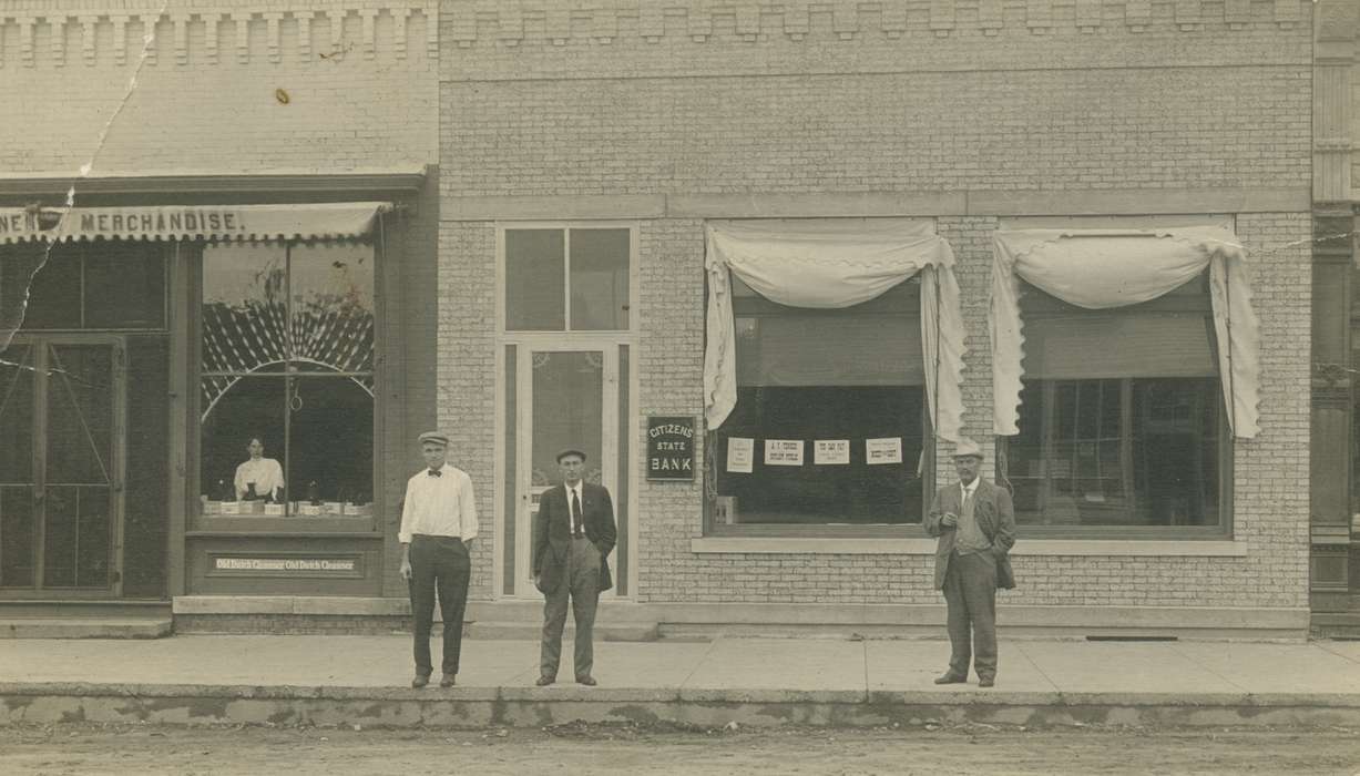 Portraits - Group, bank, Iowa, tie, Johnson, Mary, Cities and Towns, Labor and Occupations, Early, IA, history of Iowa, Main Streets & Town Squares, Iowa History