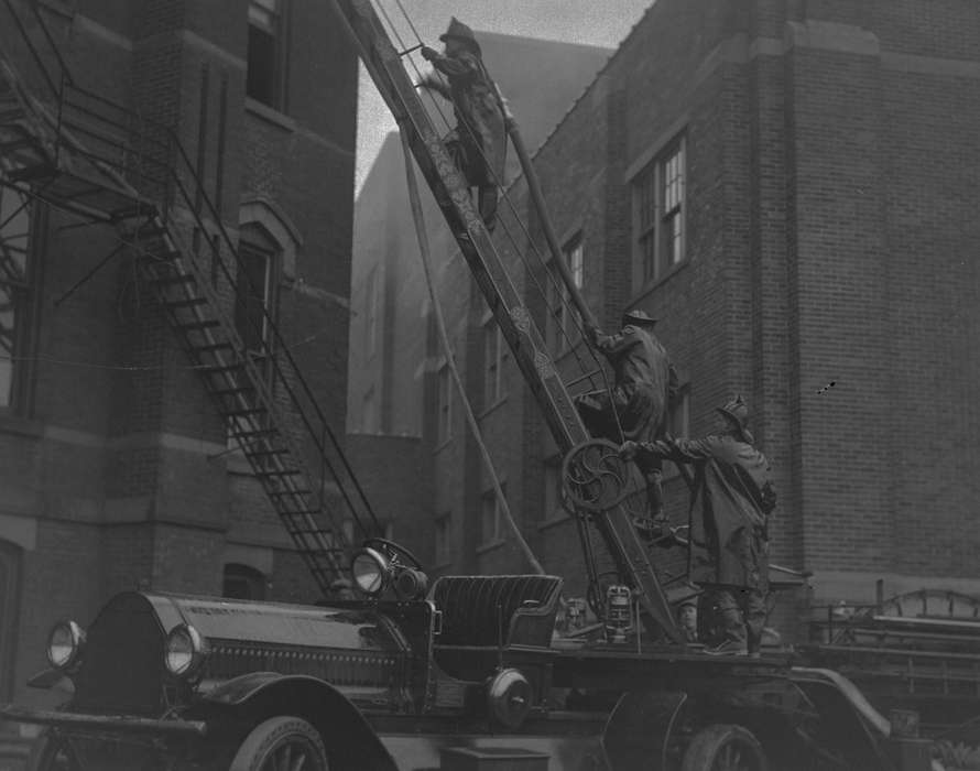 Iowa, Iowa History, Schools and Education, ladder, Lemberger, LeAnn, Ottumwa, IA, firefighter, fireman, history of Iowa, fire escape, fire engine, Labor and Occupations