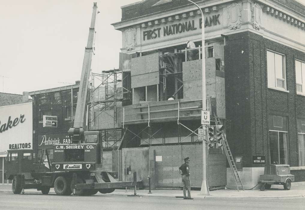 Cities and Towns, first national bank, Labor and Occupations, construction equipment, Motorized Vehicles, Waverly Public Library, police officer, Iowa, construction, history of Iowa, Iowa History, Businesses and Factories