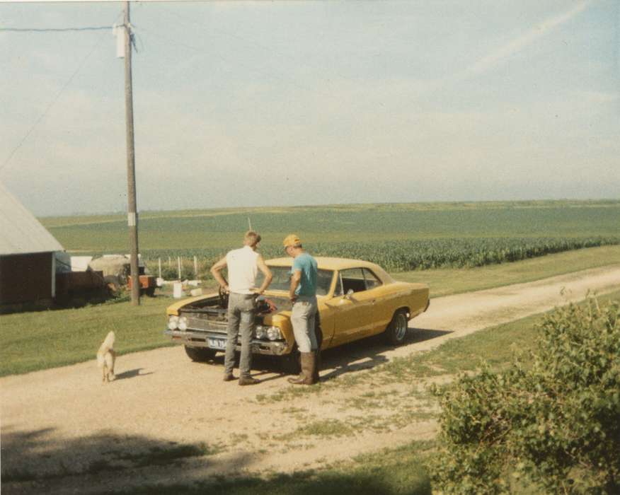 malibu, Animals, car, Iowa History, Iowa, Motorized Vehicles, cornfield, dog, Farms, Malcolm, Cindy, chevelle, Hansell, IA, repair, history of Iowa