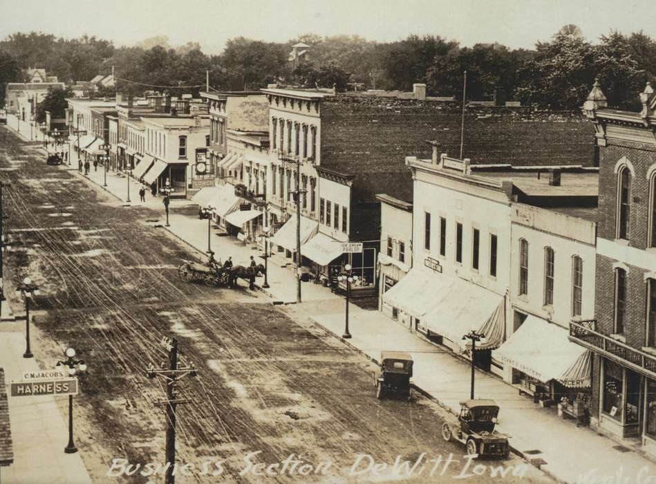 Iowa, storefront, horse, store, car, shop, DeWitt, IA, Cities and Towns, history of Iowa, Saliu, Becky, Motorized Vehicles, Main Streets & Town Squares, Iowa History