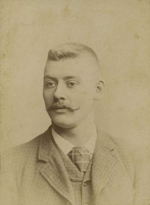 vest, handlebar mustache, Portraits - Individual, history of Iowa, Iowa History, tie, man, cabinet photo, Iowa, Olsson, Ann and Jons, mustache, Des Moines, IA