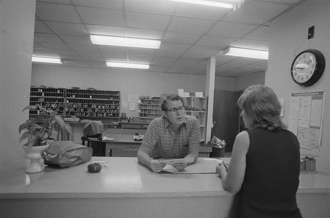 clerk, houseplant, post office, postmaster, Iowa History, history of Iowa, Lemberger, LeAnn, Businesses and Factories, clock, Melrose, IA, glasses, mail, Iowa, Cities and Towns