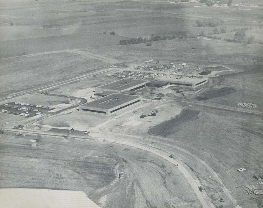history of Iowa, Iowa History, car park, Businesses and Factories, field, parking lot, Waverly, IA, building, Aerial Shots, Iowa, tree, correct date needed, construction, Waverly Public Library