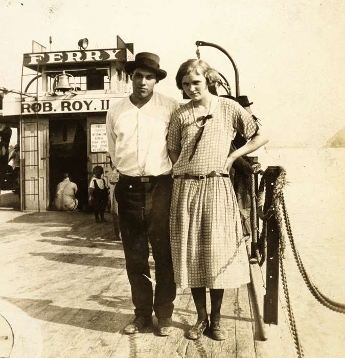 McGregor, IA, Iowa, Lakes, Rivers, and Streams, ferry, Gary, Stacy A., Outdoor Recreation, gingham, Travel, teenager, bell, child, history of Iowa, boaters hat, Motorized Vehicles, girl, boating, belt, dress, boy, Iowa History, Portraits - Group