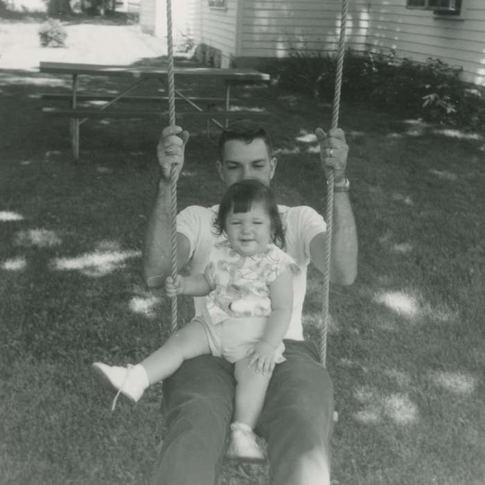 Heath, Brenda, daughter, history of Iowa, Iowa History, picnic table, Families, Cresco, IA, Children, Iowa, swing, father, toddler