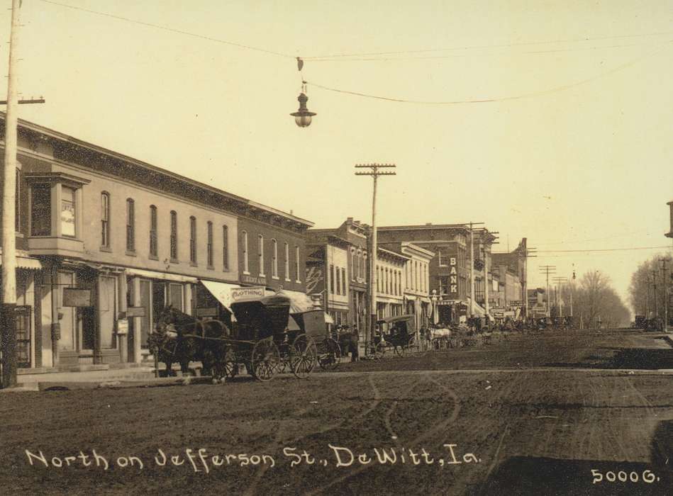 Iowa, Animals, dirt street, storefront, horse, horse and buggy, store, shop, DeWitt, IA, Cities and Towns, history of Iowa, Saliu, Becky, Main Streets & Town Squares, Iowa History