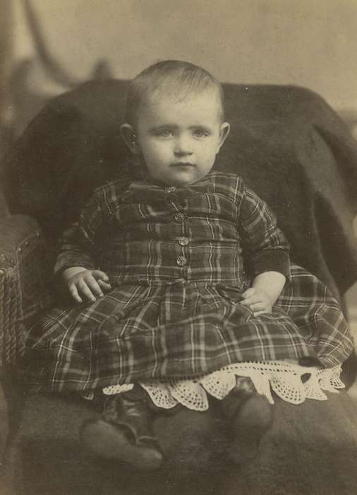 baby, fringe, boy, petticoat, plaid, Iowa, chair, Children, lace, Olsson, Ann and Jons, Portraits - Individual, history of Iowa, cabinet photo, Waverly, IA, Iowa History