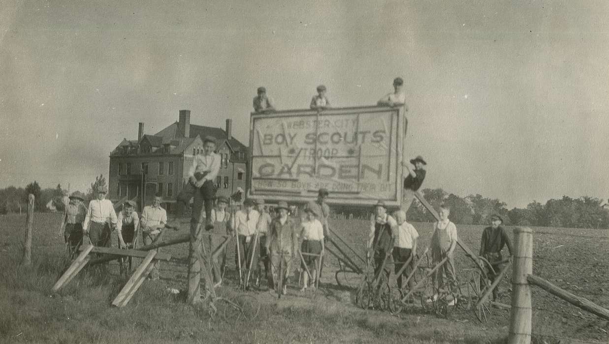 Portraits - Group, boy scouts, Farming Equipment, history of Iowa, Iowa History, Webster City, IA, McMurray, Doug, plow, Iowa, Farms, sign, Children