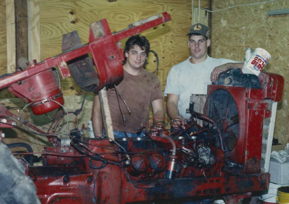 Portraits - Group, Zubrod, Kevin and Deanna, tractor, engine, Cleghorn, IA, Iowa, Iowa History, Labor and Occupations, Farming Equipment, machine, machinary, history of Iowa