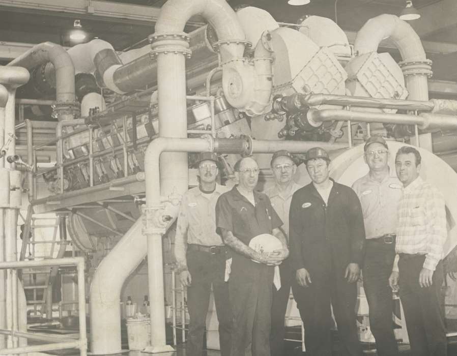 Portraits - Group, pipe, history of Iowa, Iowa History, Businesses and Factories, hard hat, Waverly, IA, Iowa, Waverly Public Library, Labor and Occupations