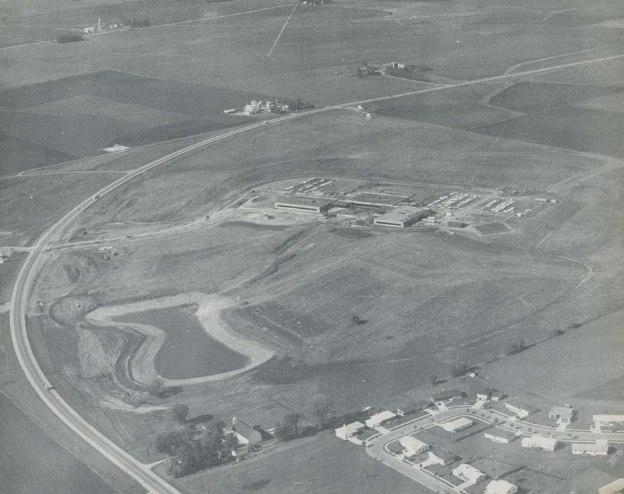 history of Iowa, Iowa History, car park, road, Lakes, Rivers, and Streams, parking lot, Waverly, IA, building, pond, Aerial Shots, Iowa, correct date needed, Waverly Public Library