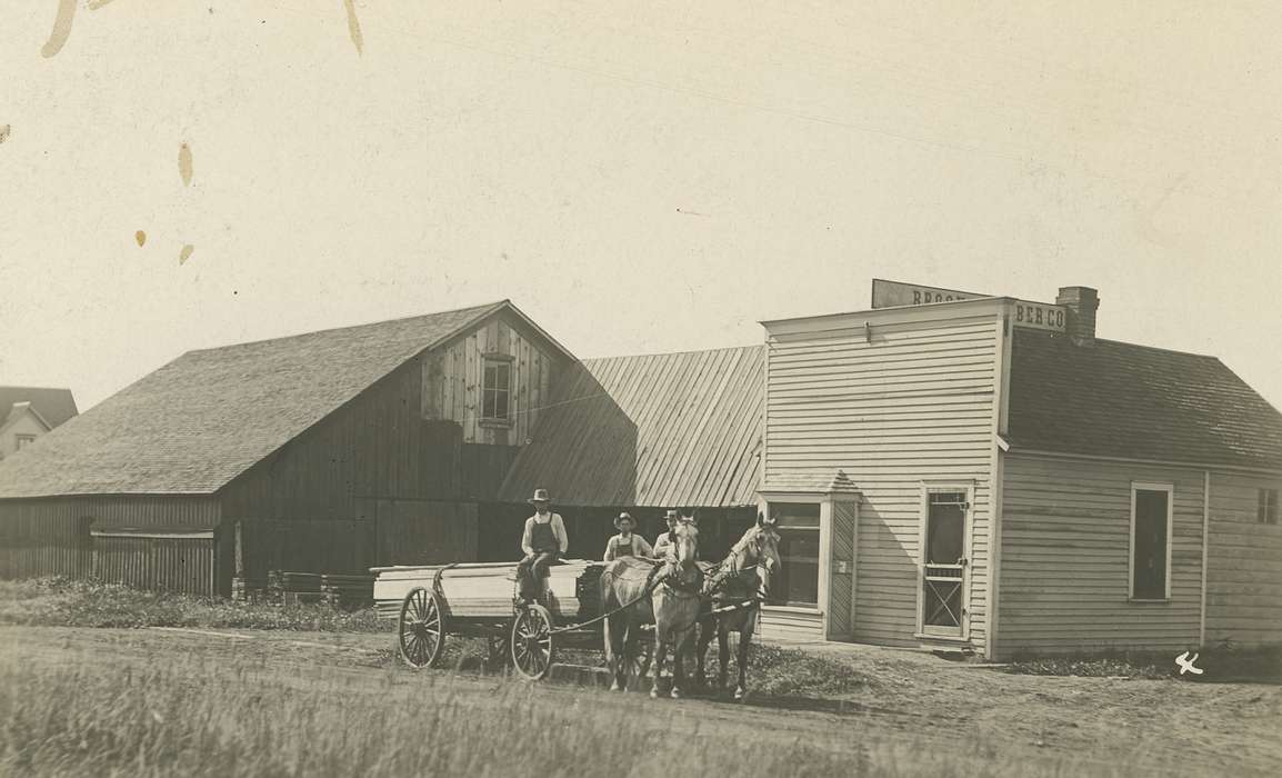 Portraits - Group, history of Iowa, old building, Iowa History, Businesses and Factories, Animals, horse drawn wagon, building, Readlyn, IA, Iowa, lumber, correct date needed, horse, Waverly Public Library