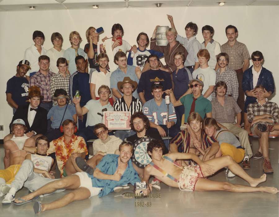 Portraits - Group, african american, People of Color, Cedar Falls, IA, history of Iowa, Iowa History, Appleget, Scott, uni, university dorm, budweiser, keg, suspenders, Iowa, dorm, Schools and Education, mustache, university of northern iowa, Leisure