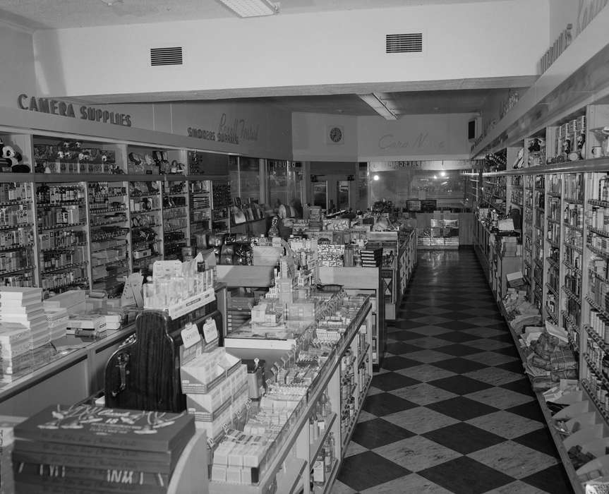 history of Iowa, Iowa History, Ottumwa, IA, hardware store, Businesses and Factories, tile, cash register, display case, Iowa, Lemberger, LeAnn, drugstore