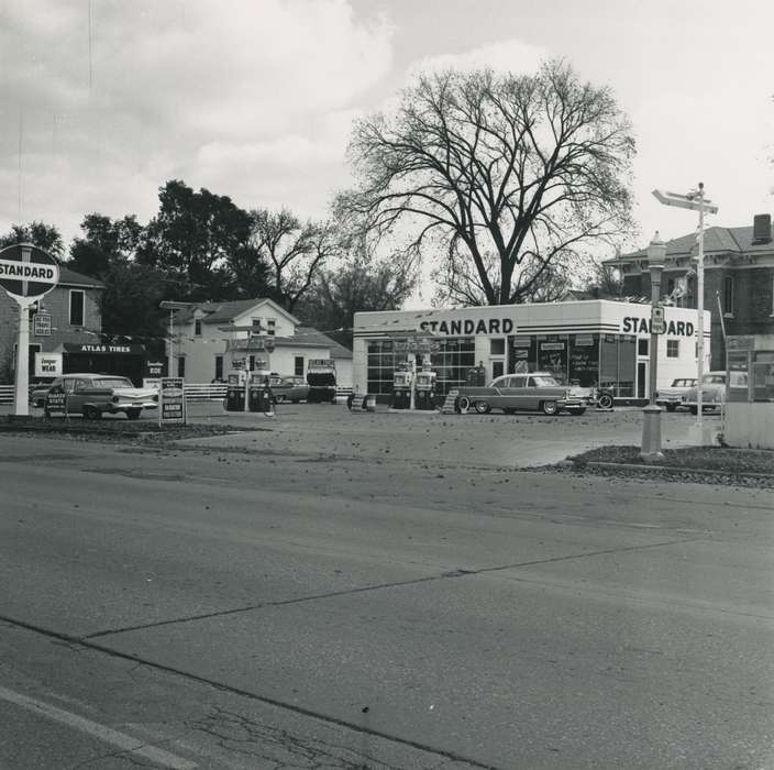 history of Iowa, Iowa History, IA, Businesses and Factories, car, gas station, Iowa, Cities and Towns, sign, car dealership, Waverly Public Library, atlas tires, standard