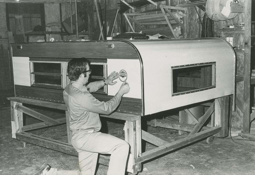 factory worker, history of Iowa, Portraits - Individual, Iowa History, Businesses and Factories, Iowa, rv manufacturing plant, camper topper, correct date needed, Waverly Public Library, Labor and Occupations